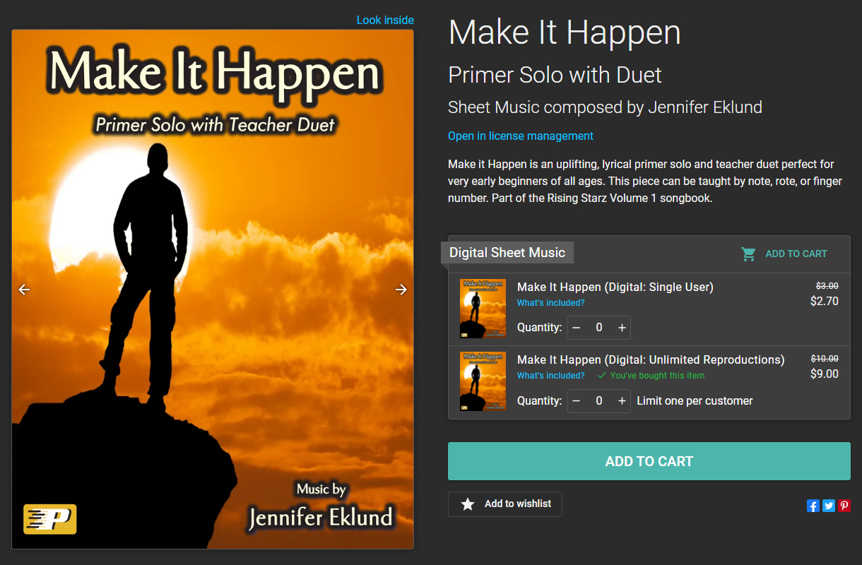 Image of Make It Happen sheet music product page, after purchasing the unlimited reproductions license